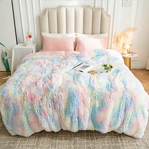 CHOSHOME Plush Shaggy Duvet Cover Set Queen Size, Tie Dye Fluffy Faux Fur Comforter Cover Set, Fuzzy Flannel Bedding Set, 3 Pieces (1 Furry Duvet Cover + 2 Pillow Shams), Zipper Closure, Rainbow