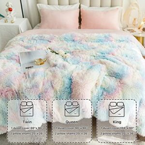 CHOSHOME Plush Shaggy Duvet Cover Set Queen Size, Tie Dye Fluffy Faux Fur Comforter Cover Set, Fuzzy Flannel Bedding Set, 3 Pieces (1 Furry Duvet Cover + 2 Pillow Shams), Zipper Closure, Rainbow