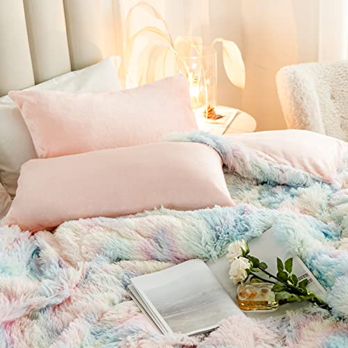 CHOSHOME Plush Shaggy Duvet Cover Set Queen Size, Tie Dye Fluffy Faux Fur Comforter Cover Set, Fuzzy Flannel Bedding Set, 3 Pieces (1 Furry Duvet Cover + 2 Pillow Shams), Zipper Closure, Rainbow