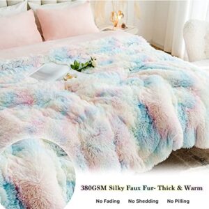 CHOSHOME Plush Shaggy Duvet Cover Set Queen Size, Tie Dye Fluffy Faux Fur Comforter Cover Set, Fuzzy Flannel Bedding Set, 3 Pieces (1 Furry Duvet Cover + 2 Pillow Shams), Zipper Closure, Rainbow