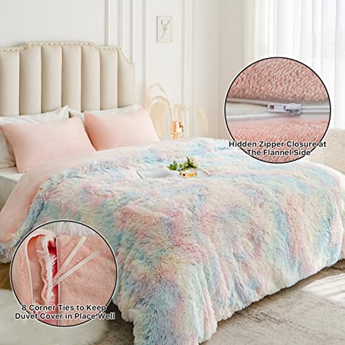 CHOSHOME Plush Shaggy Duvet Cover Set Queen Size, Tie Dye Fluffy Faux Fur Comforter Cover Set, Fuzzy Flannel Bedding Set, 3 Pieces (1 Furry Duvet Cover + 2 Pillow Shams), Zipper Closure, Rainbow