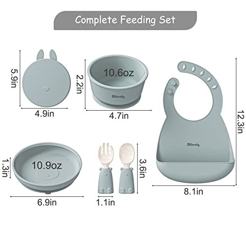 Dilovely Baby Led Weaning Supplies, Silicone Feeding Utensils Set, Babies Plates and Bowls Set, Suction Baby Bowl Plate with Adjustable Bibs and Training Spoon Fork - 6 Pcs BPA Free Green