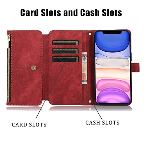 ZCDAYE Wallet Case iPhone 11(6.1 inches), iPhone 11 Phone Case with Strap, Premium Zipper (with Wristlet) Flip Leather Phone Case for iPhone 11(6.1 inches) - Red