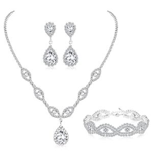 jstyle bridal wedding jewelry set silver rhinestone necklace bracelet dangle earrings for bride bridesmaid teardrop pendants crystal prom costume jewelry accessories for women (3 piece set) b
