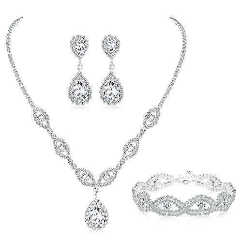 Jstyle Bridal Wedding Jewelry Set Silver Rhinestone Necklace Bracelet Dangle Earrings for Bride Bridesmaid Teardrop Pendants Crystal Prom Costume Jewelry Accessories for Women (3 piece set) B