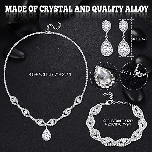 Jstyle Bridal Wedding Jewelry Set Silver Rhinestone Necklace Bracelet Dangle Earrings for Bride Bridesmaid Teardrop Pendants Crystal Prom Costume Jewelry Accessories for Women (3 piece set) B