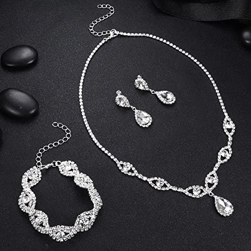 Jstyle Bridal Wedding Jewelry Set Silver Rhinestone Necklace Bracelet Dangle Earrings for Bride Bridesmaid Teardrop Pendants Crystal Prom Costume Jewelry Accessories for Women (3 piece set) B