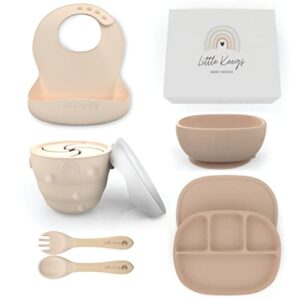 little keegs baby feeding set - baby must haves gift set - baby led weaning supplies - toddler silicone feeding set - suction baby bowl, bib, snack cup, utensils, baby plate set of 8 (beige)