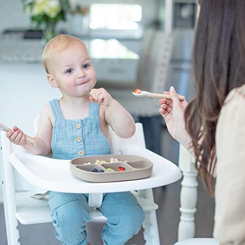 Little Keegs Baby Feeding Set - Baby Must Haves Gift Set - Baby Led Weaning Supplies - Toddler Silicone Feeding Set - Suction Baby Bowl, Bib, Snack Cup, Utensils, Baby Plate Set of 8 (Beige)