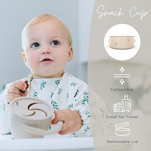 Little Keegs Baby Feeding Set - Baby Must Haves Gift Set - Baby Led Weaning Supplies - Toddler Silicone Feeding Set - Suction Baby Bowl, Bib, Snack Cup, Utensils, Baby Plate Set of 8 (Beige)