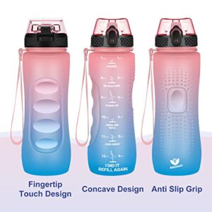 AIDEAMART 24 OZ Motivational Kids Water Bottle With Time Marker,Straw Lid,Leak Proof, Tritan BPA Free Sports Water Bottle Pink-Blue(1 Lid)