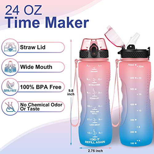 AIDEAMART 24 OZ Motivational Kids Water Bottle With Time Marker,Straw Lid,Leak Proof, Tritan BPA Free Sports Water Bottle Pink-Blue(1 Lid)