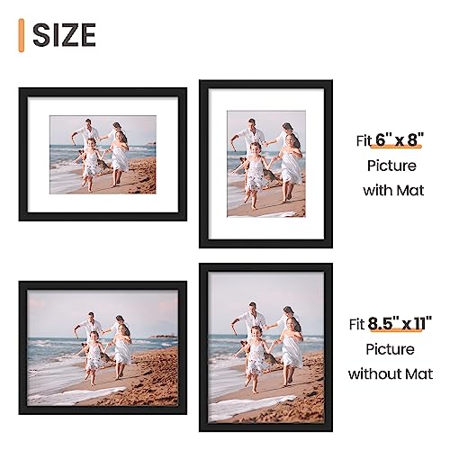 upsimples Picture Frame for Display Pictures 6x8 with Mat or 8.5x11 Without Mat, Wall Hanging, Black, 1 Pack