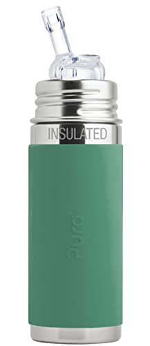 Pura Kiki 9oz/260 ml Stainless Steel Insulated Bottle w/Silicone Straw & Sleeve, 100% Plastic-Free, MadeSafe Certified, 100% Medical-Grade Silicone Straw for Kids, Toddlers, Babies & Infant – Mint