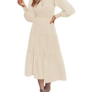 ZESICA Women's 2023 Casual Long Sleeve Crew Neck High Waist Smocked Flowy Tiered Midi Dress,Beige,Medium