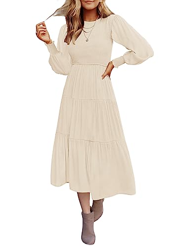 ZESICA Women's 2023 Casual Long Sleeve Crew Neck High Waist Smocked Flowy Tiered Midi Dress,Beige,Medium