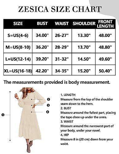 ZESICA Women's 2023 Casual Long Sleeve Crew Neck High Waist Smocked Flowy Tiered Midi Dress,Beige,Medium