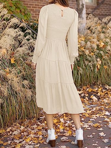 ZESICA Women's 2023 Casual Long Sleeve Crew Neck High Waist Smocked Flowy Tiered Midi Dress,Beige,Medium