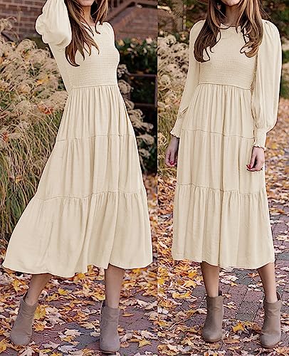 ZESICA Women's 2023 Casual Long Sleeve Crew Neck High Waist Smocked Flowy Tiered Midi Dress,Beige,Medium