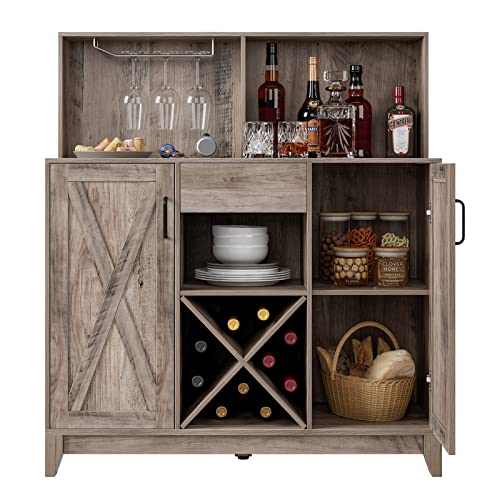 HOSTACK Wine Bar Cabinet for Liquor and Glasses, Barn Doors Wine Cabinet with Adjustable Storage Shelves, Wooden Sideboard Buffet Storage Cabinet for Kitchen, Dining Room, Farmhouse Ash Grey