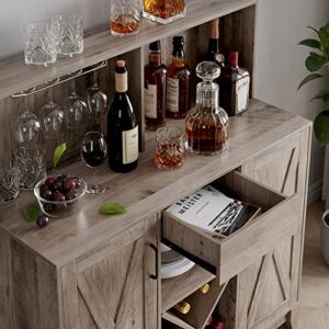 HOSTACK Wine Bar Cabinet for Liquor and Glasses, Barn Doors Wine Cabinet with Adjustable Storage Shelves, Wooden Sideboard Buffet Storage Cabinet for Kitchen, Dining Room, Farmhouse Ash Grey