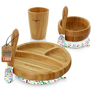 baby bamboo dinnerware set - 3 partition wooden toddler plate, bowl, cup & spoon w/ silicone suction base for stay put feeding, bpa-free, hypoallergenic, for children aged 4-72 mo. (sparkle)