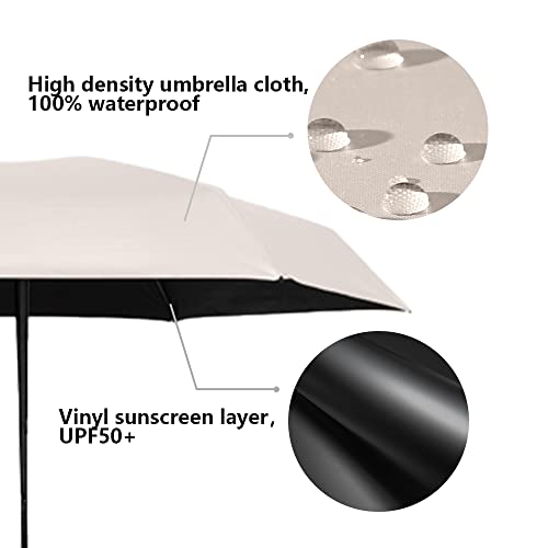 ESUFEIR Mini Travel Sun Umbrella for Purse With Case,Small Compact UV Umbrella Protection Sun,Lightweight Portable Parasol Umbrella Windproof for Women Men Kids (Beige)