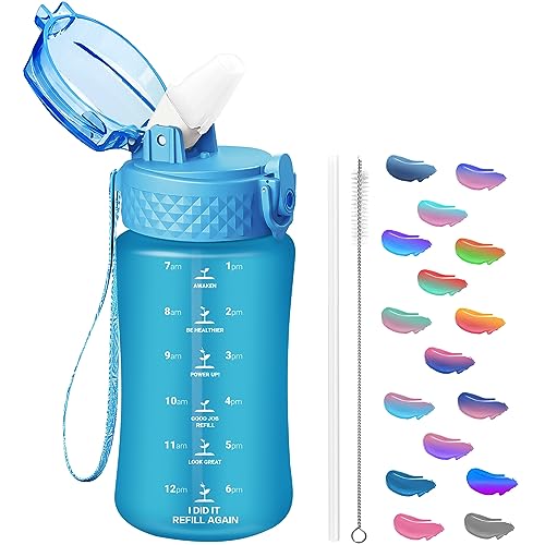 OLDLEY Kids Water Bottle for School, 12 oz (Straw Lid) BPA-Free Reusable Leak-proof Durable Tritan Plastic Water Bottles with One-handed Opening Straw Lids, Anti-dust Spout Cover (Blue)