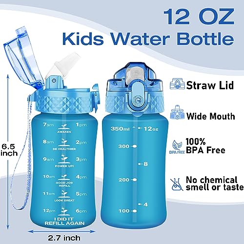 OLDLEY Kids Water Bottle for School, 12 oz (Straw Lid) BPA-Free Reusable Leak-proof Durable Tritan Plastic Water Bottles with One-handed Opening Straw Lids, Anti-dust Spout Cover (Blue)