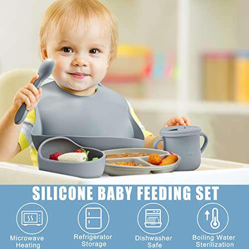 14 Pack Baby Feeding Set, Silicone Baby Led Weaning Feeding Supplies with Suction Bowl Divided Plate Adjustable Bib Soft Spoon Fork Snack Cup with Lid Drinking Cup, Utensil (Blue, Grey)