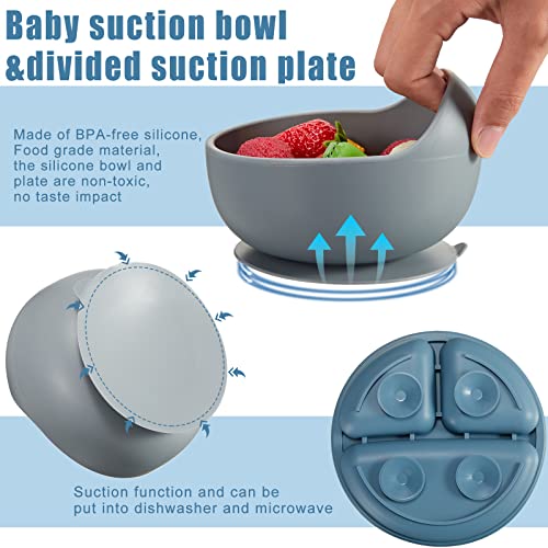 14 Pack Baby Feeding Set, Silicone Baby Led Weaning Feeding Supplies with Suction Bowl Divided Plate Adjustable Bib Soft Spoon Fork Snack Cup with Lid Drinking Cup, Utensil (Blue, Grey)