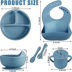 14 Pack Baby Feeding Set, Silicone Baby Led Weaning Feeding Supplies with Suction Bowl Divided Plate Adjustable Bib Soft Spoon Fork Snack Cup with Lid Drinking Cup, Utensil (Blue, Grey)