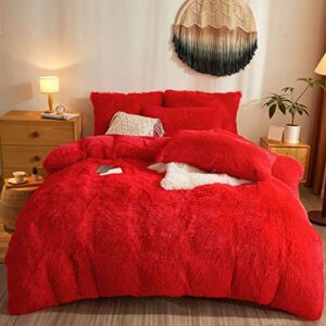 red fluffy comforter cover shaggy plush set,ultra soft faux fur duvet cover bedding sets queen 3 pieces with pillow cases, red fuzzy bed set zipper closure (red, queen)