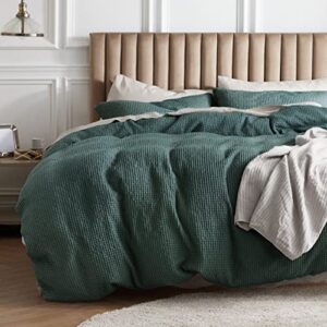 bedsure cotton duvet cover queen - 100% cotton waffle weave forest green duvet cover queen size, soft and breathable queen duvet cover set for all season (queen, 90"x90")