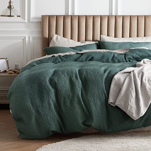 Bedsure Cotton Duvet Cover Queen - 100% Cotton Waffle Weave Forest Green Duvet Cover Queen Size, Soft and Breathable Queen Duvet Cover Set for All Season (Queen, 90"x90")