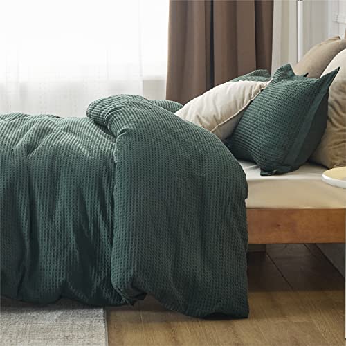 Bedsure Cotton Duvet Cover Queen - 100% Cotton Waffle Weave Forest Green Duvet Cover Queen Size, Soft and Breathable Queen Duvet Cover Set for All Season (Queen, 90"x90")