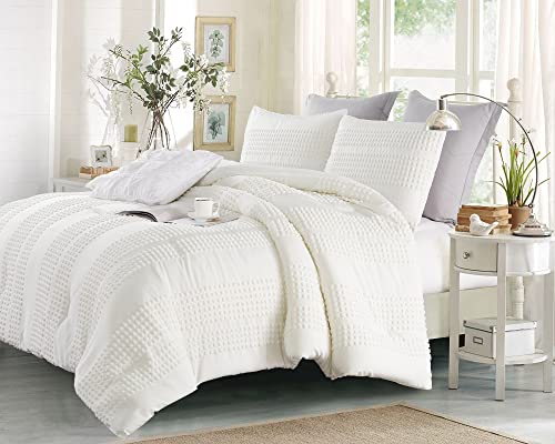 Cupocupa White Tufted Comforters Sets Bedding for Queen Bed 3PCS Boho Soft Fluffy Lightweight Comforter with 2 Pillow Cases for All Season