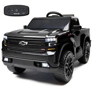 12v chevy silverado ride on truck with high speed mode (5 mph) & parent remote control, kid's battery powered licensed electric vehicle, led lights, real tailgate, & truck sounds, by readygo - black