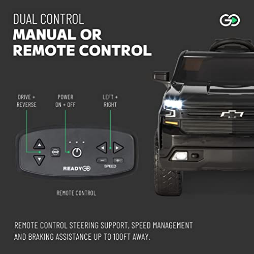 12V Chevy Silverado Ride On Truck with HIGH Speed Mode (5 MPH) & Parent Remote Control, Kid's Battery Powered Licensed Electric Vehicle, LED Lights, Real Tailgate, & Truck Sounds, by ReadyGO - Black