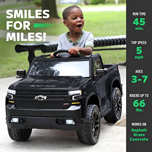 12V Chevy Silverado Ride On Truck with HIGH Speed Mode (5 MPH) & Parent Remote Control, Kid's Battery Powered Licensed Electric Vehicle, LED Lights, Real Tailgate, & Truck Sounds, by ReadyGO - Black