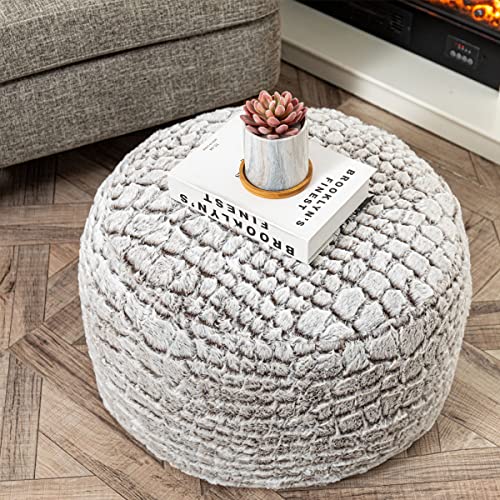 Unstuffed Ottoman Pouf Cover,Faux Fur Foot Stool, 20x12 Inches Fuzzy Chair, Round Ottoman Seat(NO Filler), Floor Bean Bag Chair,Foot Rest with Storage for Living Room, Bedroom Cover ONLY Coffee White