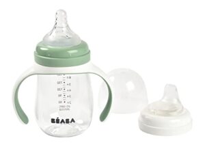 beaba 2-in-1 baby bottle to training sippy cup, learning cup, baby bottle nipple and soft silicone sippy spout, spill proof, baby, toddler 7 oz (sage)