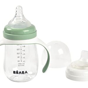 BEABA 2-in-1 Baby Bottle to Training Sippy Cup, Learning Cup, Baby Bottle Nipple and Soft Silicone Sippy Spout, Spill Proof, Baby, Toddler 7 oz (Sage)