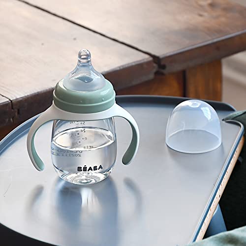 BEABA 2-in-1 Baby Bottle to Training Sippy Cup, Learning Cup, Baby Bottle Nipple and Soft Silicone Sippy Spout, Spill Proof, Baby, Toddler 7 oz (Sage)