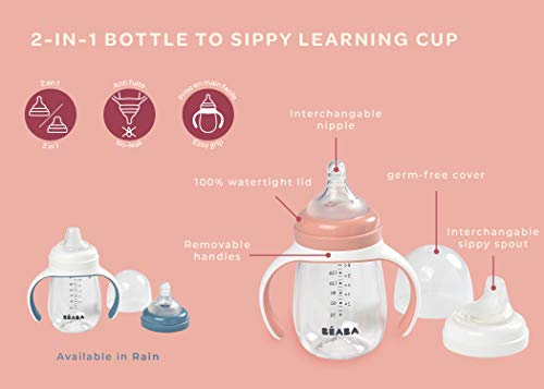 BEABA 2-in-1 Baby Bottle to Training Sippy Cup, Learning Cup, Baby Bottle Nipple and Soft Silicone Sippy Spout, Spill Proof, Baby, Toddler 7 oz (Sage)