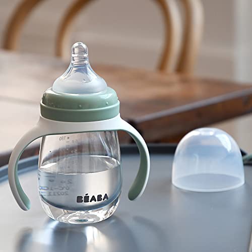 BEABA 2-in-1 Baby Bottle to Training Sippy Cup, Learning Cup, Baby Bottle Nipple and Soft Silicone Sippy Spout, Spill Proof, Baby, Toddler 7 oz (Sage)