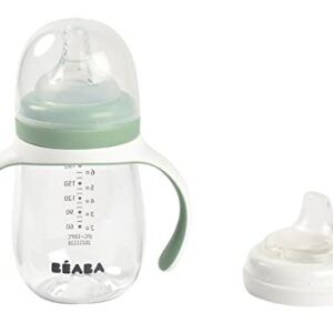 BEABA 2-in-1 Baby Bottle to Training Sippy Cup, Learning Cup, Baby Bottle Nipple and Soft Silicone Sippy Spout, Spill Proof, Baby, Toddler 7 oz (Sage)