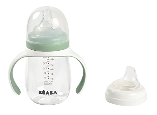 BEABA 2-in-1 Baby Bottle to Training Sippy Cup, Learning Cup, Baby Bottle Nipple and Soft Silicone Sippy Spout, Spill Proof, Baby, Toddler 7 oz (Sage)