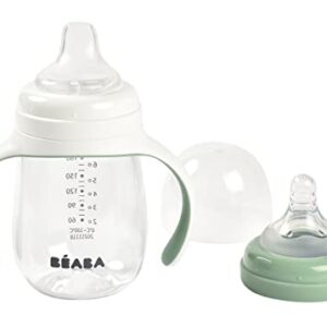 BEABA 2-in-1 Baby Bottle to Training Sippy Cup, Learning Cup, Baby Bottle Nipple and Soft Silicone Sippy Spout, Spill Proof, Baby, Toddler 7 oz (Sage)