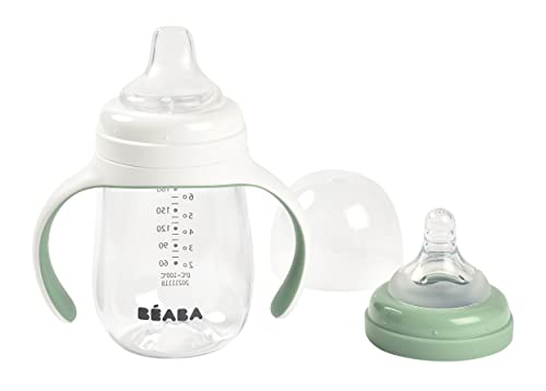 BEABA 2-in-1 Baby Bottle to Training Sippy Cup, Learning Cup, Baby Bottle Nipple and Soft Silicone Sippy Spout, Spill Proof, Baby, Toddler 7 oz (Sage)